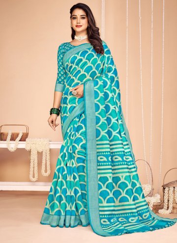 Aqua Blue color Tussar Silk Classic Designer Saree with Printed