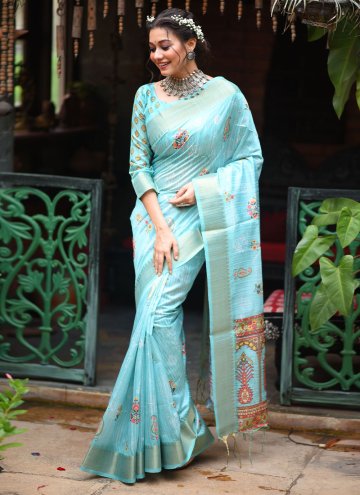 Aqua Blue color Tussar Silk Classic Designer Saree with Woven