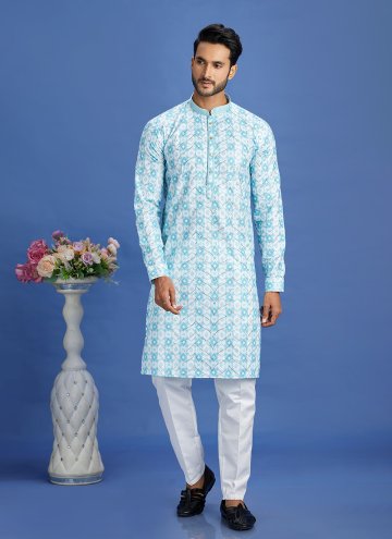 Aqua Blue Cotton  Digital Print Kurta Pyjama for Engagement