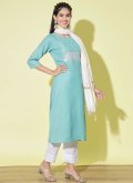 Aqua Blue Cotton  Embroidered Salwar Suit - 1