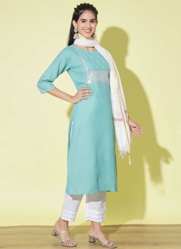 Aqua Blue Cotton  Embroidered Salwar Suit