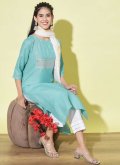 Aqua Blue Cotton  Embroidered Salwar Suit - 2