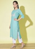 Aqua Blue Cotton  Embroidered Salwar Suit - 3
