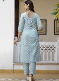 Aqua Blue Cotton  Embroidered Trendy Salwar Suit - 1