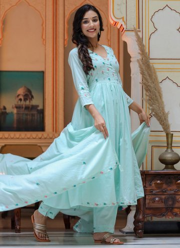 Aqua Blue Cotton  Embroidered Trendy Salwar Suit for Festival