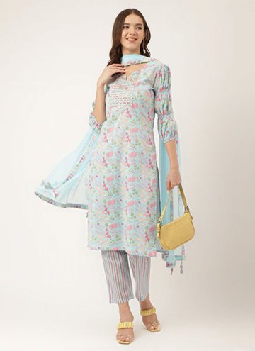 Aqua Blue Cotton  Floral Print Salwar Suit for Ceremonial