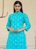 Aqua Blue Cotton  Printed Trendy Salwar Kameez for Ceremonial - 1