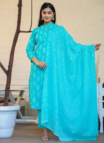 Aqua Blue Cotton  Printed Trendy Salwar Kameez for