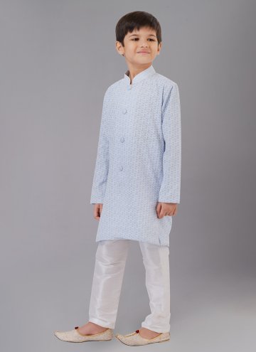 Aqua Blue Cotton Silk Embroidered Kurta Pyjama for Engagement