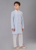 Aqua Blue Cotton Silk Embroidered Kurta Pyjama for Engagement - 2