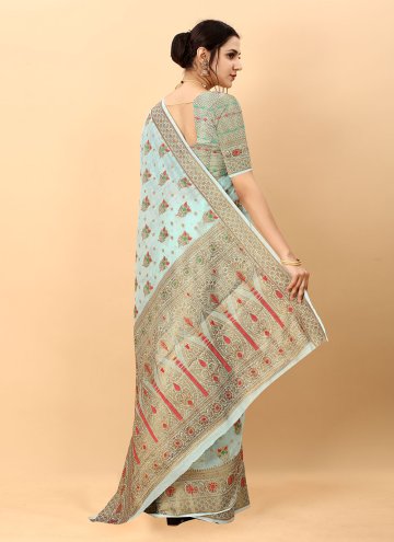 Aqua Blue Cotton Silk Woven Designer Saree