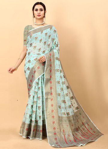 Aqua Blue Cotton Silk Woven Designer Saree