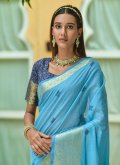 Aqua Blue Cotton  Woven Designer Saree for Engagement - 1