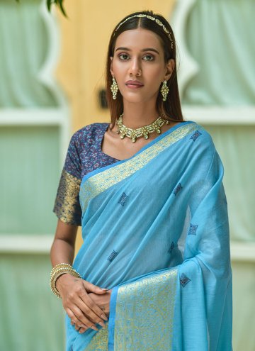Aqua Blue Cotton  Woven Designer Saree for Engagement