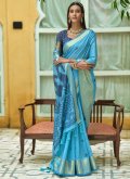Aqua Blue Cotton  Woven Designer Saree for Engagement - 2