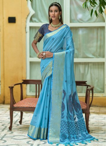Aqua Blue Cotton  Woven Designer Saree for Engagem