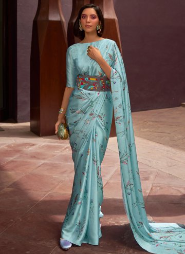 Aqua Blue Designer Contemporary Saree in Satin with Floral Print