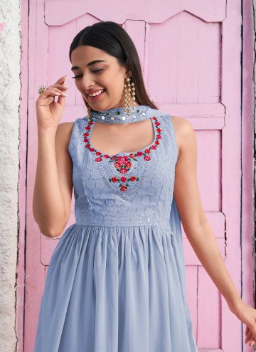Aqua Blue Designer Salwar Kameez in Georgette with Embroidered