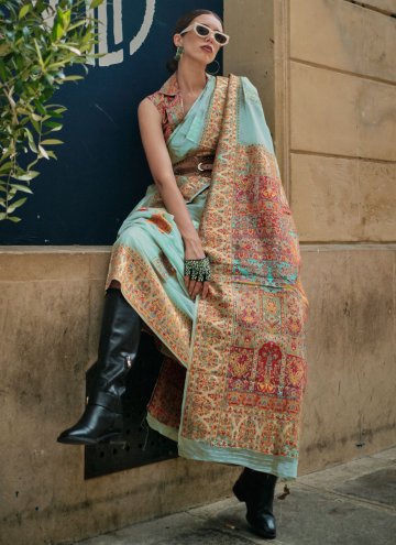 Aqua Blue Designer Saree in Handloom Silk with Woven