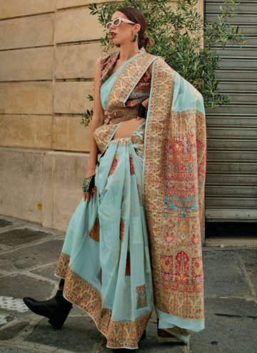 Aqua Blue Designer Saree in Handloom Silk with Woven
