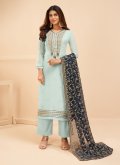 Aqua Blue Designer Straight Salwar Suit in Georgette with Sequins Work - 1
