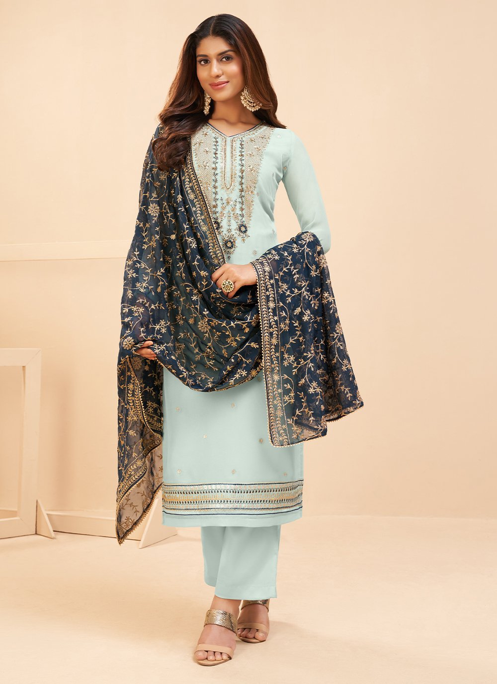 Aqua Blue Designer Straight Salwar Suit in Georgette with Sequins Work