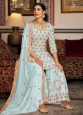 Aqua Blue Faux Georgette Embroidered Palazzo Suit for Engagement - 1