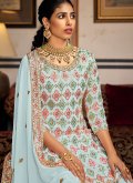 Aqua Blue Faux Georgette Embroidered Palazzo Suit for Engagement - 2