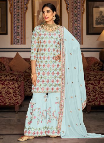 Aqua Blue Faux Georgette Embroidered Palazzo Suit 