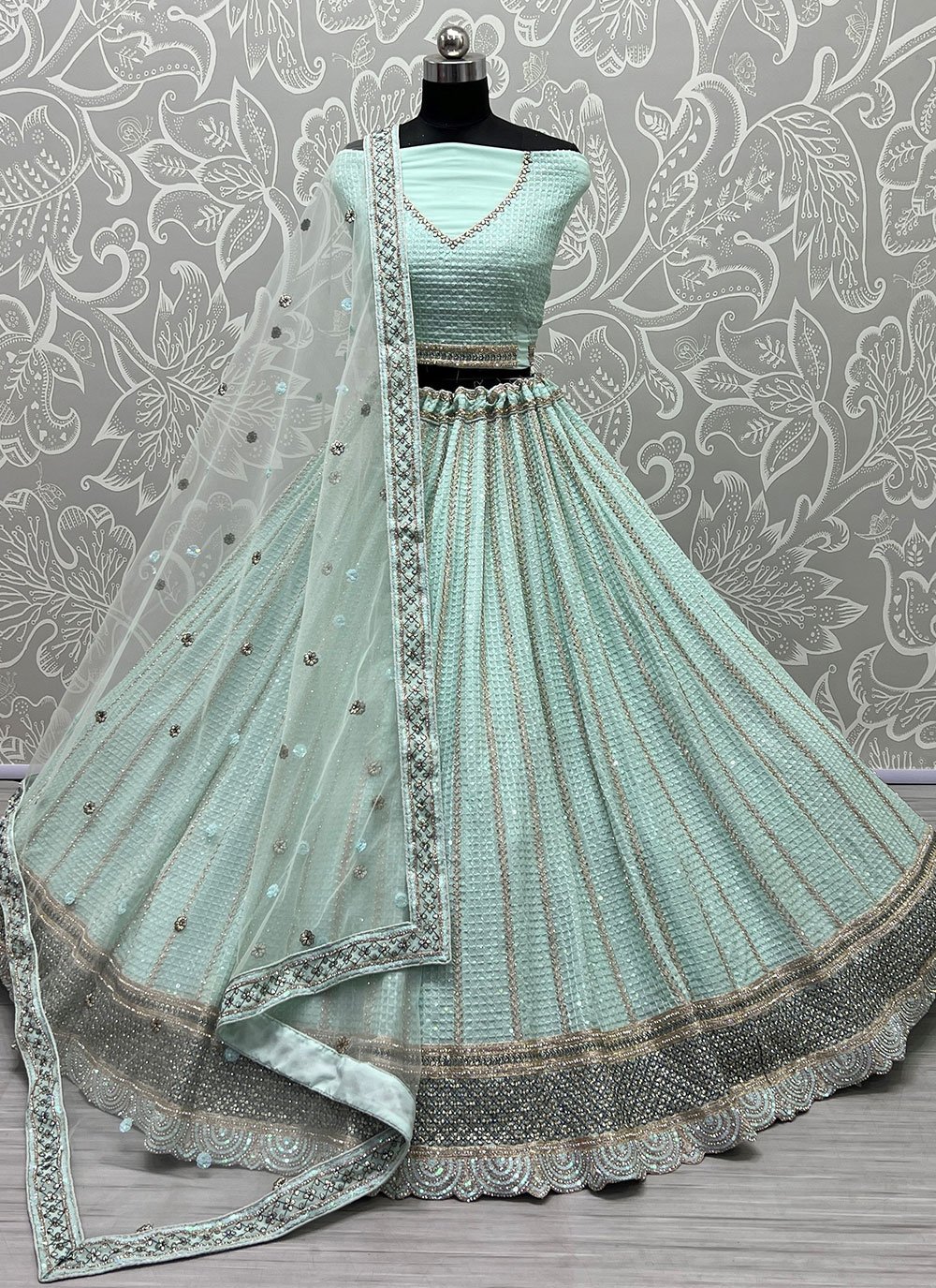 Aqua Blue Georgette Embroidered Designer Lehenga Choli for Bridal