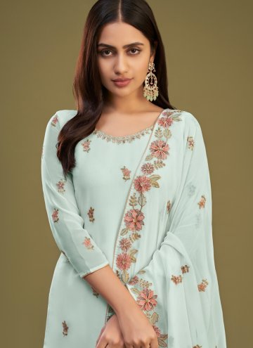 Aqua Blue Georgette Embroidered Palazzo Suit for Ceremonial