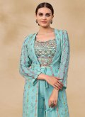Aqua Blue Georgette Embroidered Palazzo Suit for Festival - 3