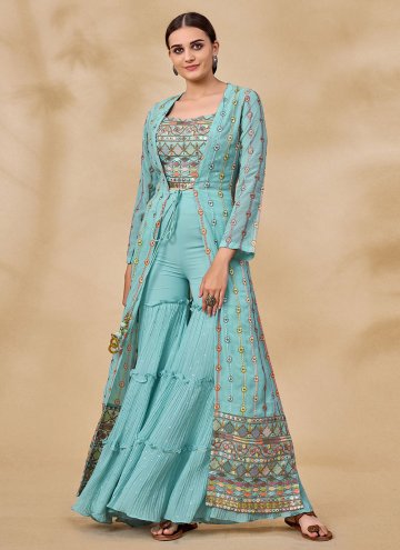 Aqua Blue Georgette Embroidered Palazzo Suit for F