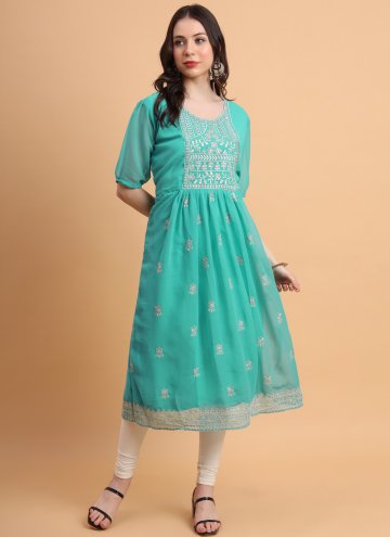 Aqua Blue Georgette Embroidered Party Wear Kurti for Casual