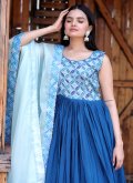 Aqua Blue Gown in Chinon with Printed - 1