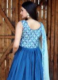 Aqua Blue Gown in Chinon with Printed - 2