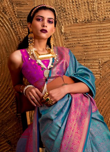 Aqua Blue Handloom Silk Woven Classic Designer Saree for Ceremonial