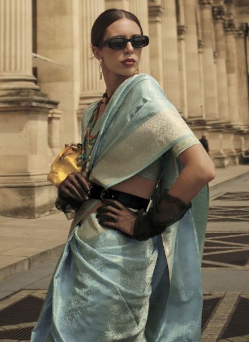Aqua Blue Handloom Silk Woven Designer Saree for Ceremonial