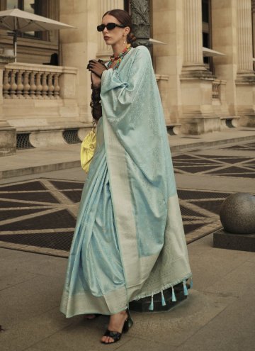 Aqua Blue Handloom Silk Woven Designer Saree for C