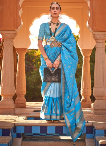 Aqua Blue Kanchipuram Silk Printed Contemporary Sa