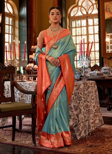 Aqua Blue Kanjivaram Silk Woven Classic Designer Saree for Ceremonial