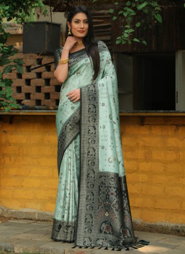 Aqua Blue Kanjivaram Silk Woven Trendy Saree for C