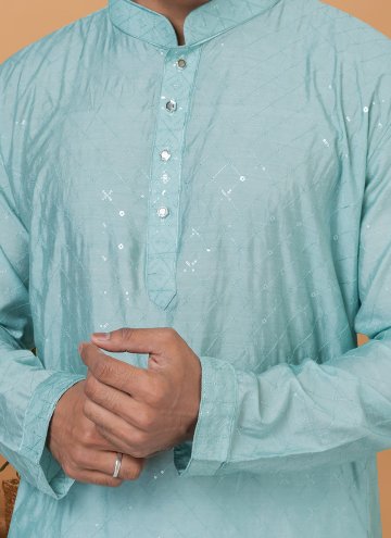 Aqua Blue Kurta Pyjama in Cotton  with Embroidered