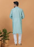 Aqua Blue Kurta Pyjama in Cotton  with Embroidered - 4