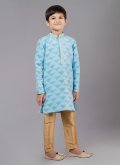 Aqua Blue Kurta Pyjama in Jacquard Silk with Fancy work - 2