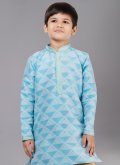 Aqua Blue Kurta Pyjama in Jacquard Silk with Fancy work - 4