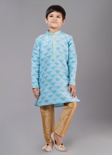 Aqua Blue Kurta Pyjama in Jacquard Silk with Fancy work