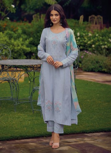 Aqua Blue Muslin Embroidered Trendy Salwar Kameez for Engagement