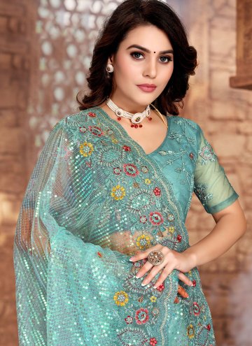 Aqua Blue Net Embroidered Classic Designer Saree for Sangeet