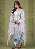 Aqua Blue Net Embroidered Pant Style Suit for Mehndi - 2